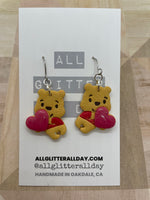 Winnie the Pooh bear small glitter heart dangle earring