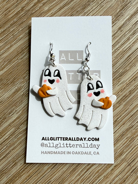 Vintage sparkly ghost with pumpkin dangle