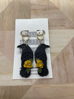 Black floral raven dangle earring